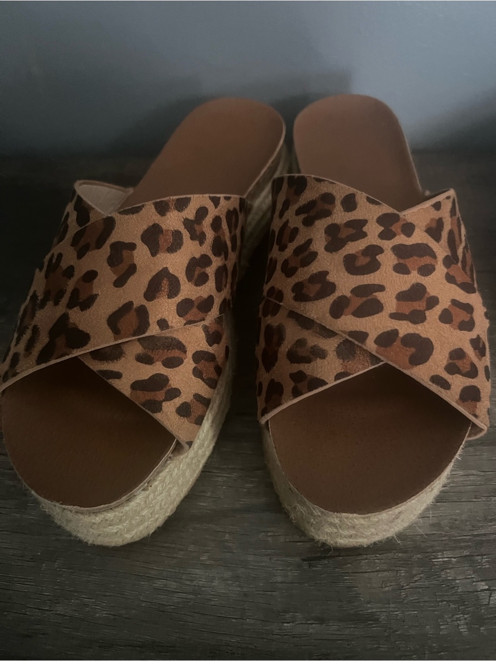 Leopard Print Crossband Platform Slide Sandals - Brown
